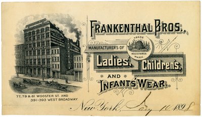 Frankenthal Bros., Manufacturers of Ladies, Childrens, and Infants Wear [trade card], 1898 by American School